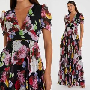 Mac Duggal Ieena NEW Floral Print Short Sleeve Chiffon Gown -‎ Women's Size 14